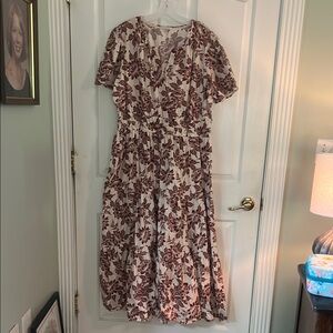 Floral Print V-Neck Maxi Dress - Brown and Cream